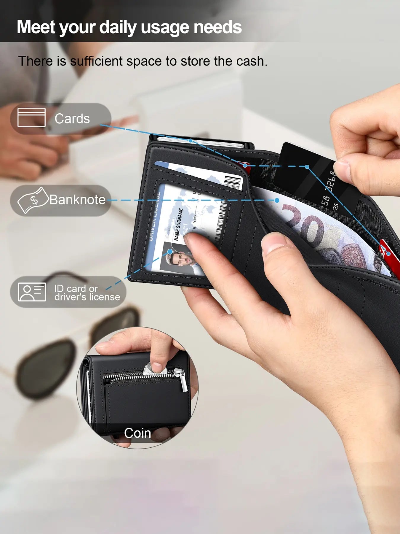 Men'S Ultra-Thin RFID Blocking Rfid Theft Proof Aluminum Alloy Wallet, Minimalist Business Design with Pop-Out Card Slots, ID Window and Cash Compartment, RFID Card Holder, Credit Card Holder, Ideal Christmas Gift for Dad or Boyfriend
